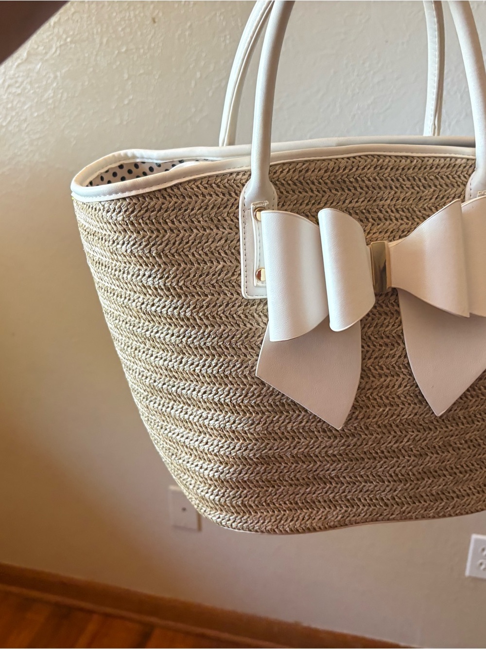 Woven Straw Tote with White Bow Accent